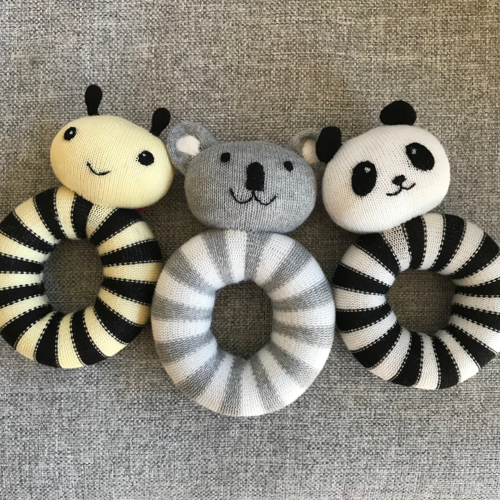 eden & zoe hand made panda, koala and bee baby rattles